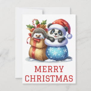 Niedlicher Panda Bär und Igel Cube Weihnachtskarte Feiertagskarte