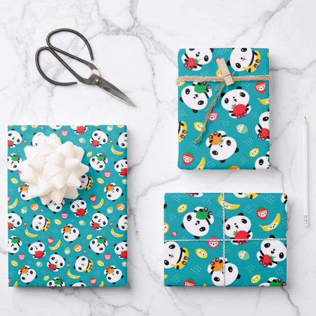 Niedlicher Panda-Bär und Kawaii-Fruchtmuster  Geschenkpapier Set (Vorderseite)