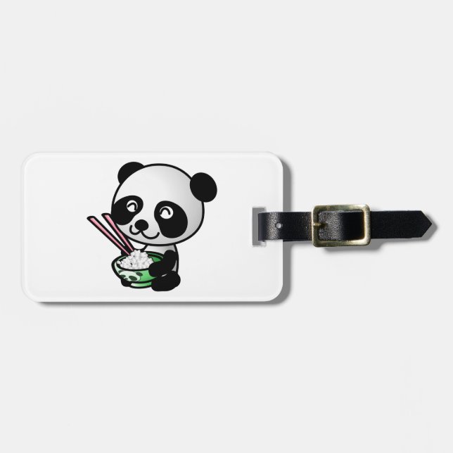 Niedlicher Panda, der Reis aus Bowl mit Chopsticks Gepäckanhänger (Vorderseite horizontal)