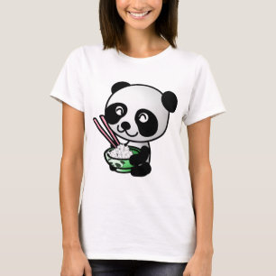 Niedlicher Panda, der Reis von der Schüssel mit T-Shirt