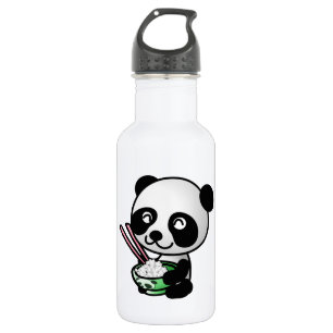 Niedlicher Panda, der Reis von der Schüssel mit Trinkflasche