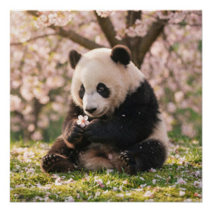 Niedlicher Panda hält Kirschblütenblume im Frühlin Poster