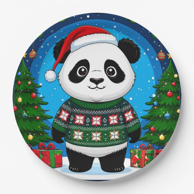 Niedlicher Panda in Weihnachtspullover trägt Santa Pappteller (Vorderseite)