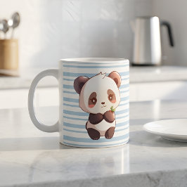 Niedlicher Panda-Kaffeebecher, hellblau gestreifte Kaffeetasse