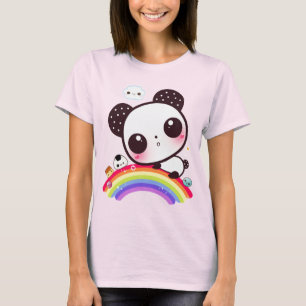Niedlicher Panda mit kawaii-Essen auf Regenbogen T-Shirt
