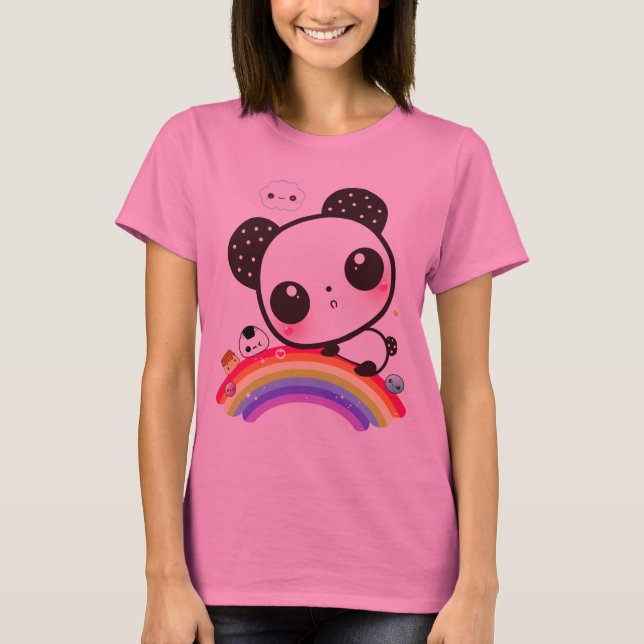 Niedlicher Panda mit kawaii-Essen auf Regenbogen T-Shirt (Vorderseite)