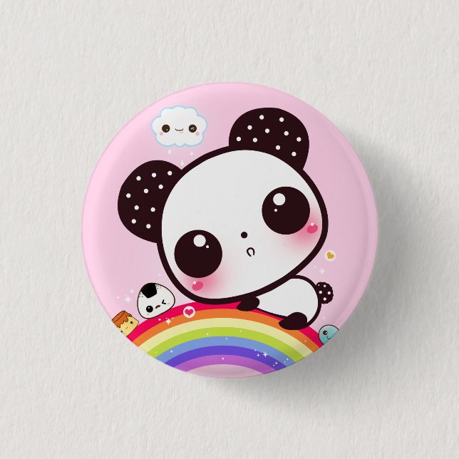 Niedlicher Panda mit kawaii Nahrung auf Regenbogen Button (Vorderseite)