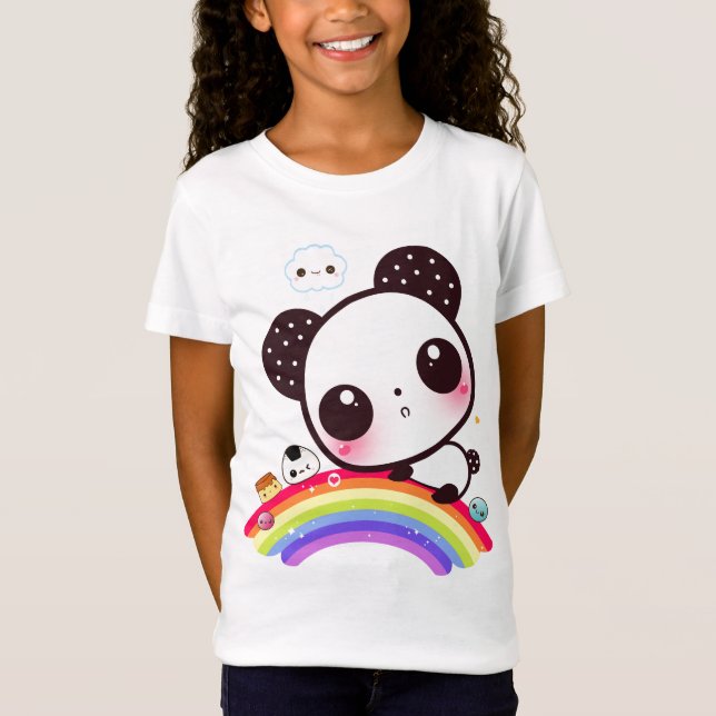 Niedlicher Panda mit kawaii Nahrung auf Regenbogen T-Shirt (Vorderseite)