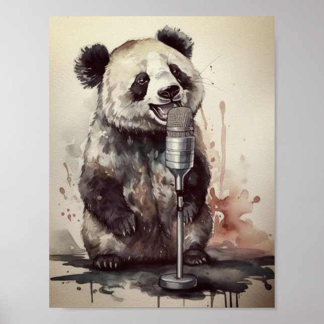 Niedlicher Panda mit Retro-Mikrofon Poster (Vorne)