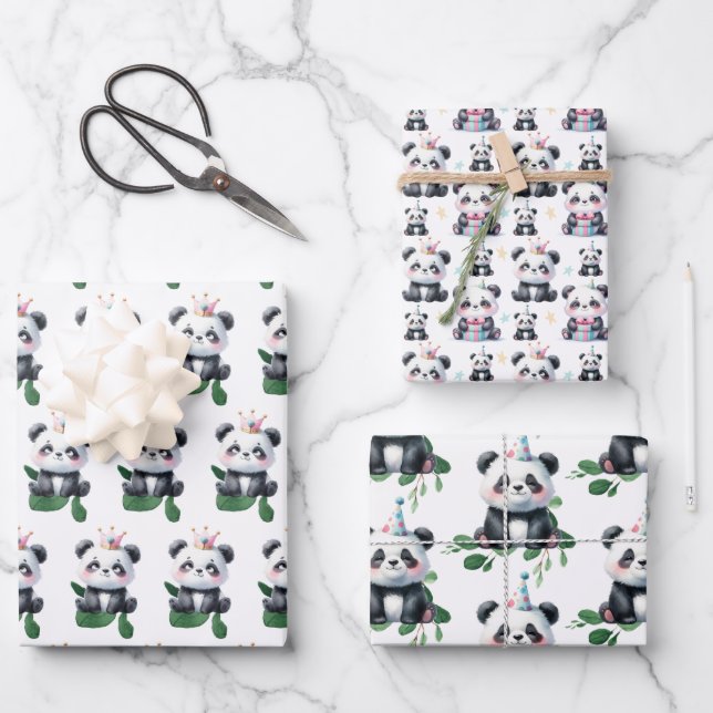 Niedlicher Panda Pattern Bär mit Grün & Geschenken Geschenkpapier Set (Vorderseite)