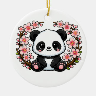 Niedlicher Panda sitzt unter Kirschblüten Keramik Ornament