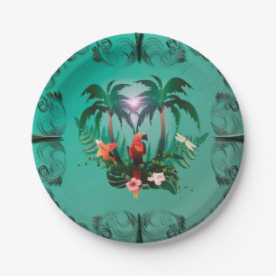 Niedlicher Papagei mit Blumen und Palme Pappteller