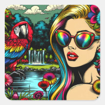 Niedlicher Papagei und schöne Frau im Garten