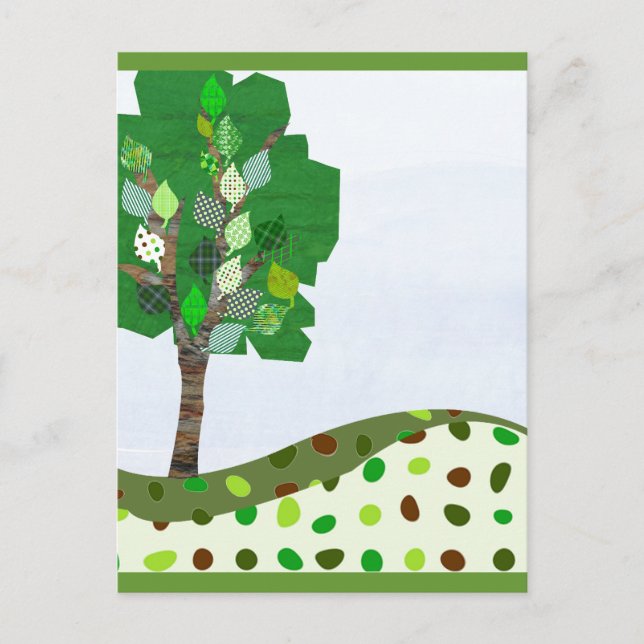 Niedlicher Patchwork Tree und Grüne Hügel Postkarte (Vorderseite)