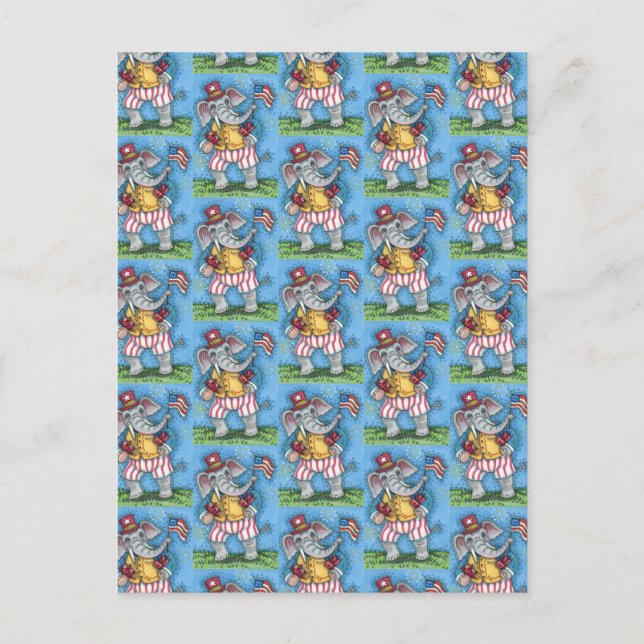 NIEDLICHER PATRIOTISCHER ELEFANG WAVING AMERIKANIS POSTKARTE (Vorderseite)