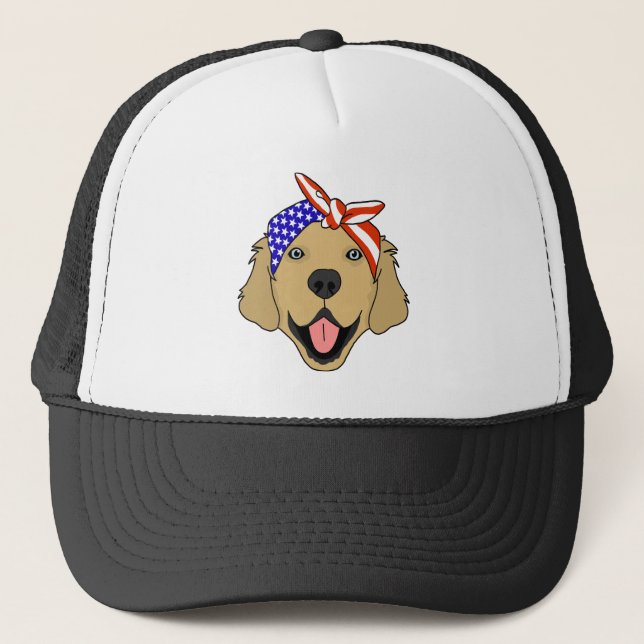 Niedlicher Patriotischer Golden Retriever Dog Truckerkappe (Vorderseite)