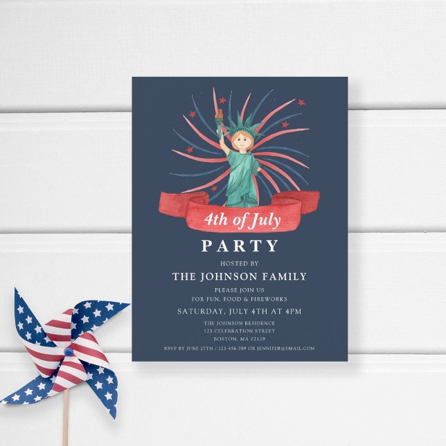 Niedlicher Patriotischer Rot Weiß und Blau 4. Juli Einladungspostkarte (Patriotic Statue Of Liberty Blue 4th Of July Party Invitation Postcard
)