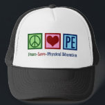 Niedlicher PE-Lehrer Friedens-Liebe Physische Bild Truckerkappe<br><div class="desc">Peace Liebe P.E. Ein niedliches Weihnachtsgeschenk für einen Trainer,  der den Schülern Elementargymnastik und körperliche Bildung beibringt. Ein cooler Gymnastiklehrer.</div>