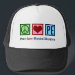 Niedlicher PE-Lehrer Friedens-Liebe Physische Bild Truckerkappe<br><div class="desc">Peace Liebe P.E. Ein niedliches Weihnachtsgeschenk für einen Trainer,  der den Schülern Elementargymnastik und körperliche Bildung beibringt. Ein cooler Gymnastiklehrer.</div>