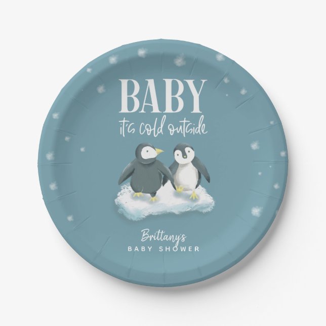Niedlicher Penguin Baby Es ist kalt Außendusche Pappteller (Vorderseite)