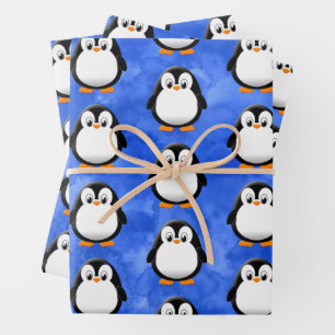 Niedlicher Penguin Cartoon Blue Watercolor Geschenkpapier Set