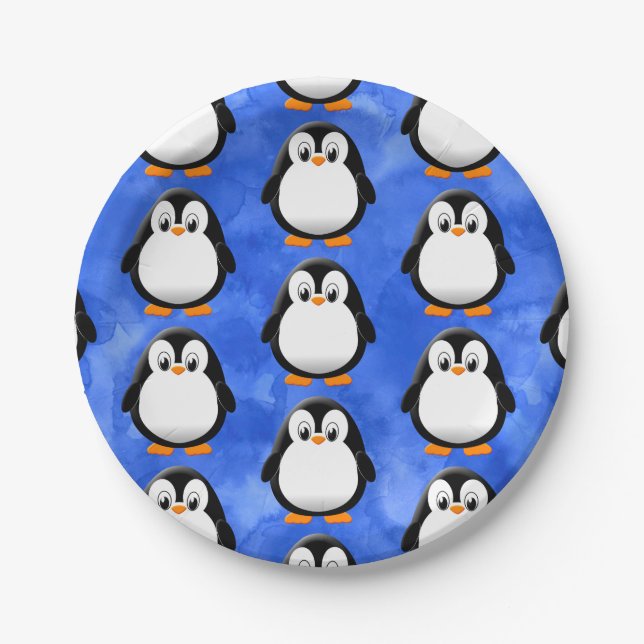 Niedlicher Penguin Cartoon Blue Watercolor Pappteller (Vorderseite)