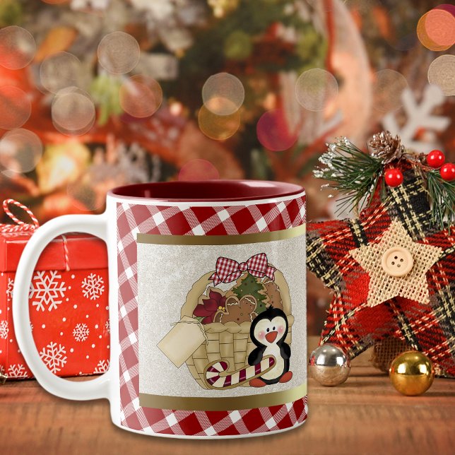 Niedlicher Penguin Holiday Basket Zweifarbige Tasse (Von Creator hochgeladen)