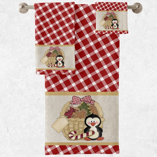 Niedlicher Penguin Retro Holiday Basket Badhandtuch Set (Von Creator hochgeladen)