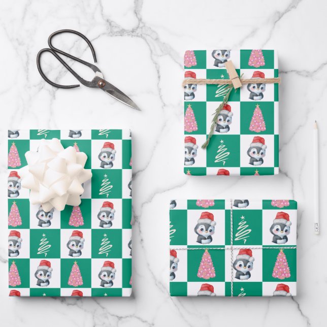 Niedlicher Penguin Santa Merry Weihnachtsbaum Part Geschenkpapier Set (Vorderseite)