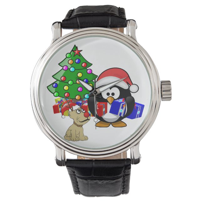 Niedlicher Penguin Santa und Rentierhund Armbanduhr (Vorderseite)