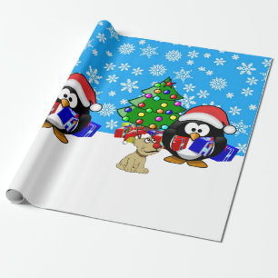 Niedlicher Penguin Santa und Rentierhund Geschenkpapier