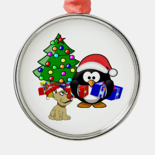 Niedlicher Penguin Santa und Rentierhund Silbernes Ornament