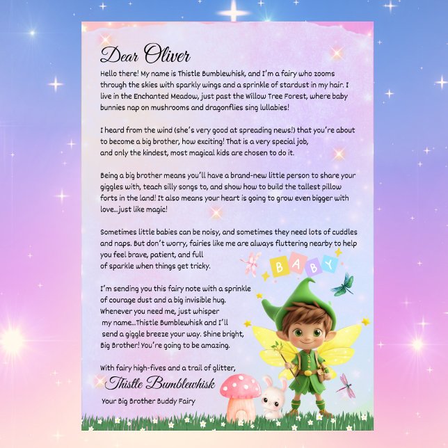Niedlicher Personalisierter Brief für den Großen B Einladung (Personalized Fairy Letter for Big Brother, Cute Boy Fairy Magical New Sibling Encouragement Letter)