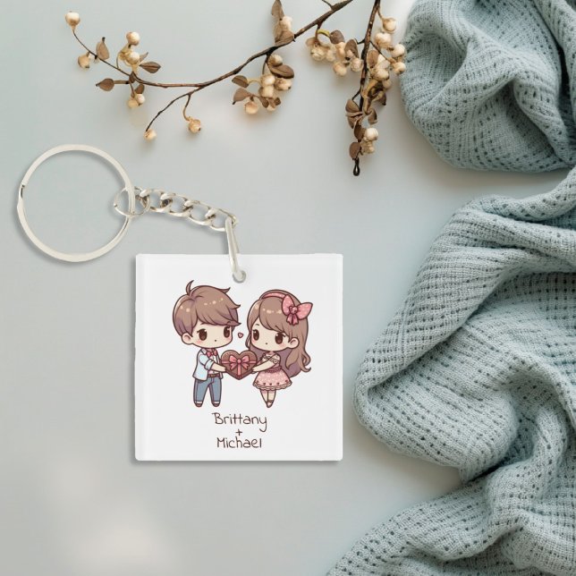 Niedlicher Personalisierter Chibi-Style Valentiner Schlüsselanhänger (Cute Personalized Chibi-Style Couple Keychain)