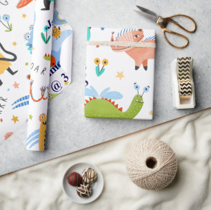 Niedlicher Personalisierter Dinosaurier-Kindergebu Geschenkpapier