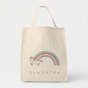 Niedlicher personalisierter Einhornregenbogen lila Tragetasche