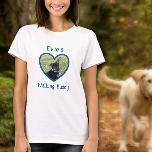 Niedlicher Personalisierter Hund zu Fuß Buddy Hear T-Shirt (Teal Personalized Dog Walking Buddy Heart Photo T-Shirt
)