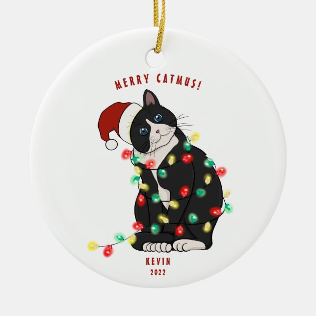 Niedlicher Personalisierter Merry CatMus Weihnacht Keramik Ornament (Vorne)