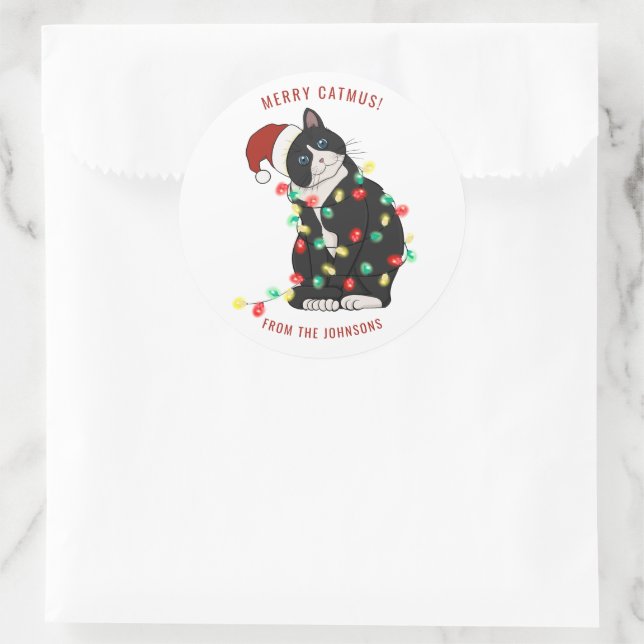 Niedlicher Personalisierter Merry CatMus Weihnacht Runder Aufkleber (Tasche)