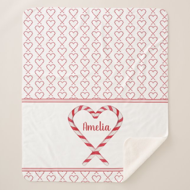 Niedlicher Personalisierter Name Candy Cane Hearts Sherpadecke (Vorderseite)