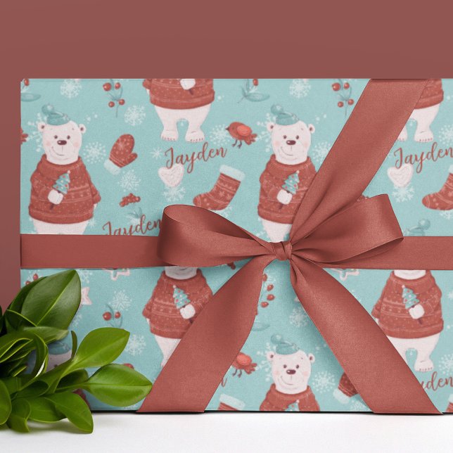 Niedlicher Personalisierter Name Polar Bear Geschenkpapier (Cute Personalized Name Polar Bear Wrapping Paper
)