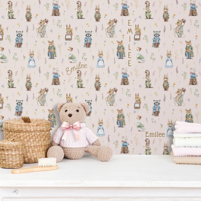 Niedlicher Personalisierter Name Woodland Animals  Tapete (Cute vintage woodland animal forest friends Peter Rabbit storybook baby girl blush pink wallpaper)