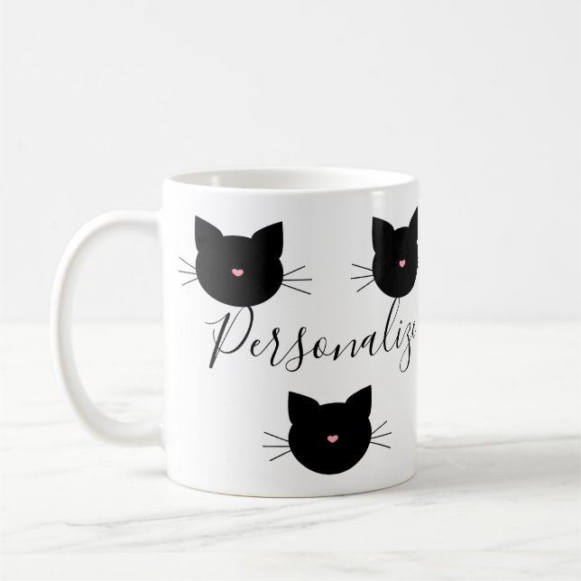 Niedlicher Personalisierter Schwarzer Katzenname Kaffeetasse (Links)