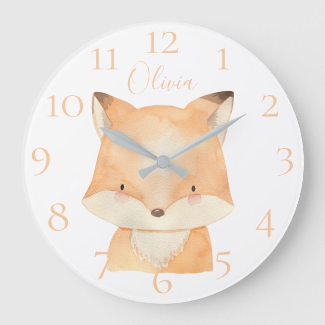 Niedlicher Personalisierter Watercolor Baby Fox Pe Große Wanduhr (Vorderseite)