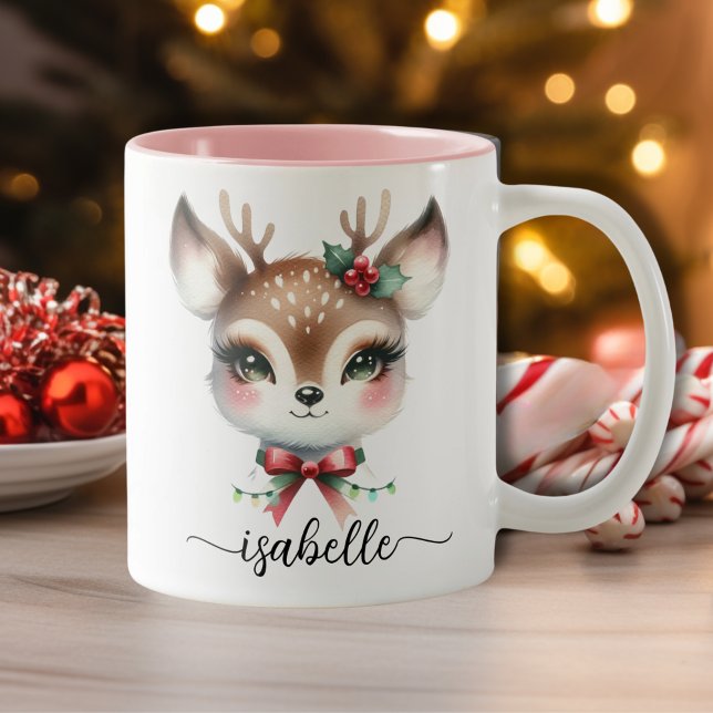 Niedlicher Personalisierter Weihnachtsmann Zweifarbige Tasse (Cute Personalized Christmas Reindeer Two-Tone Coffee Mug)
