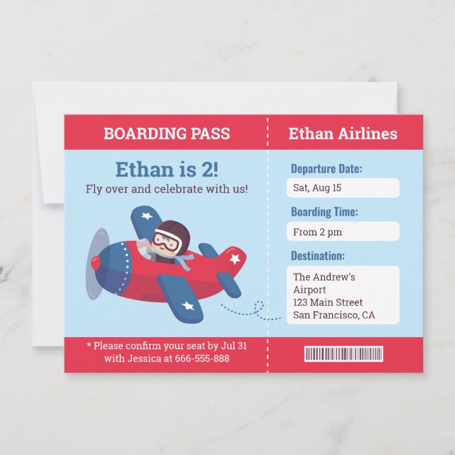 Niedlicher Pilot Flugzeug Boarding Pass Geburtstag Einladung (Vorderseite)