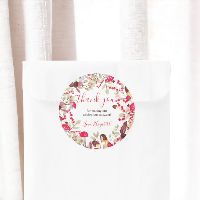 Niedlicher Pilz rustikaler Wald danke Babydusche Runder Aufkleber (Cute mushroom rustic forest thank you baby shower classic round sticker)