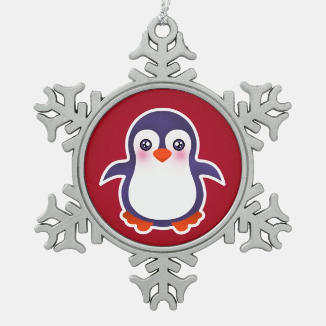 Niedlicher Pinguin auf der Roten Hintergrunddarste Schneeflocken Zinn-Ornament (Vorderseite)