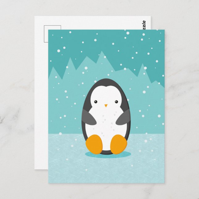 Niedlicher Pinguin auf Eis Blue Winter Cartoon Postkarte (Vorne/Hinten)