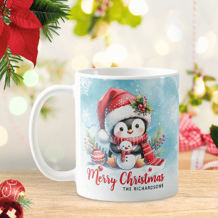 Niedlicher Pinguin Blau und Rot Frohe Weihnachten Kaffeetasse